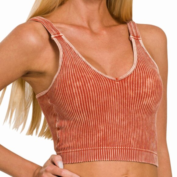 Zenana Outfitters Tops - Washed Ribbed Cropped Seamless Bra Padded Tank Top Brami - Rust #2